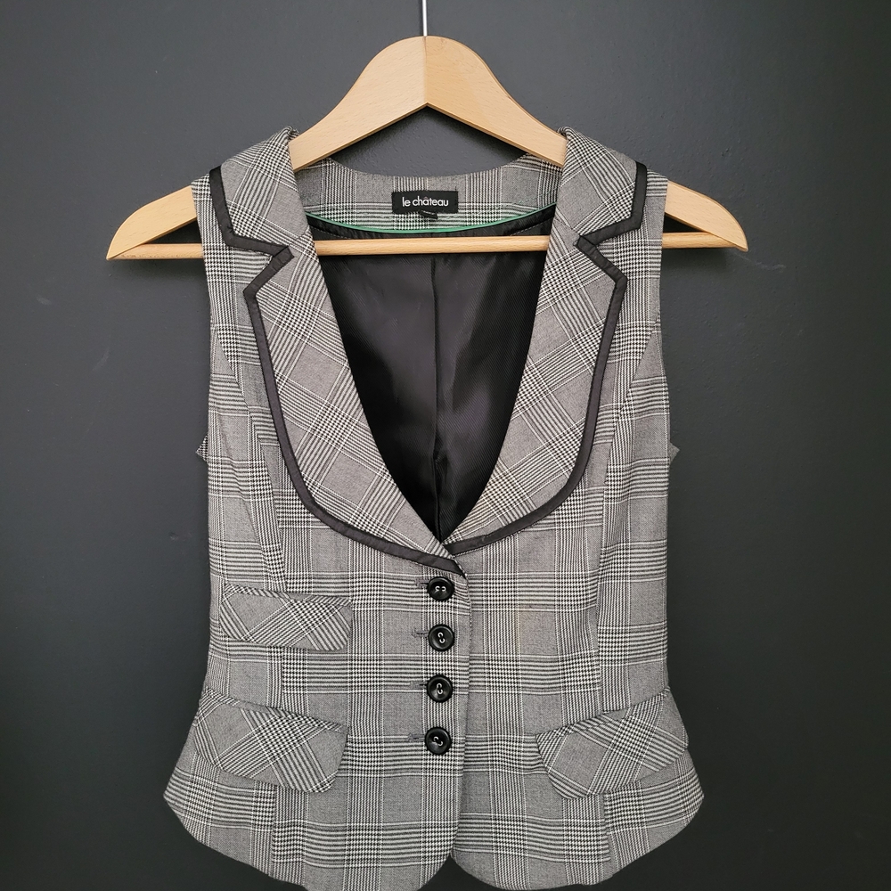 Le Chateau Chic Black and Gray Plaid Vest
